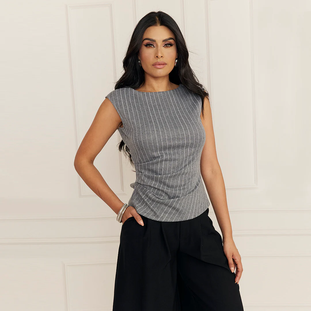 BLUSA RAYAS FINAS DRAPEADA GRIS 94370 - Image 2