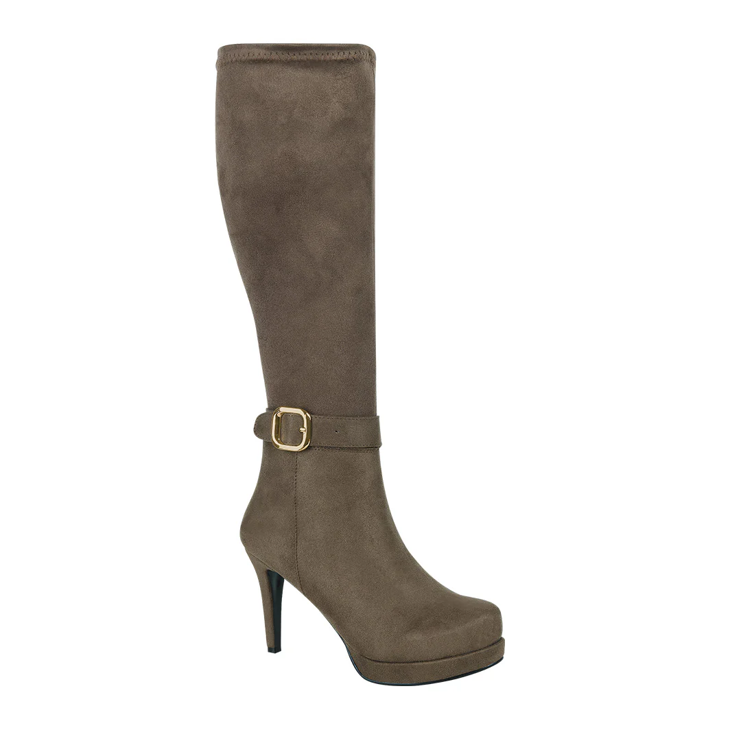 BOTA DE TACÓN TAUPE CON TUBO ALTO Y HEBILLA 01816
