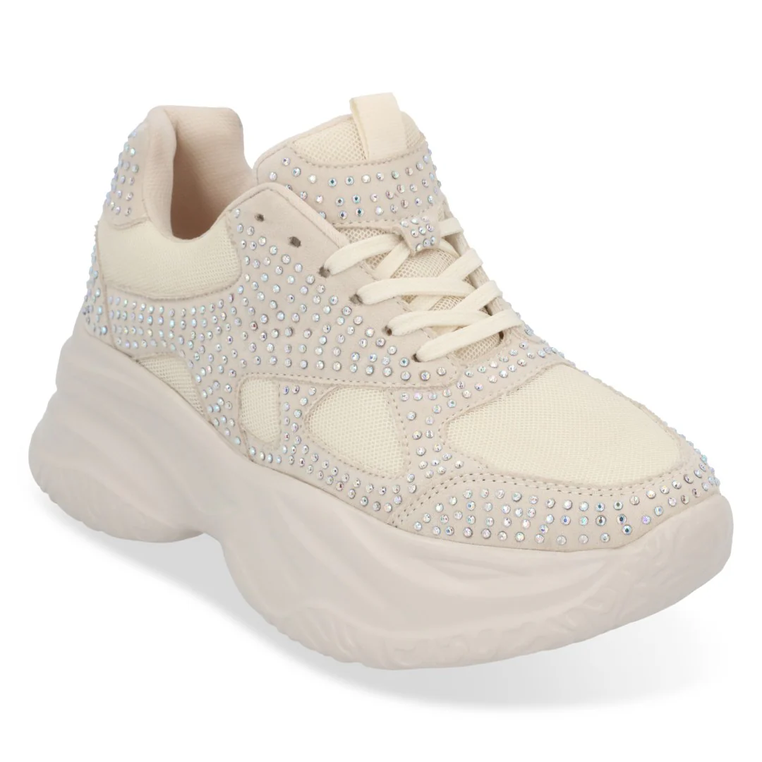 TENIS DE PLATAFORMA HUESO CON PIEDRAS 56223