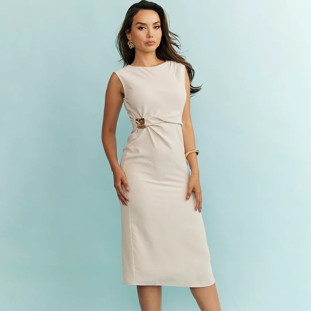 VESTIDO MIDI DRAPEADO BEIGE 99544 - Image 2