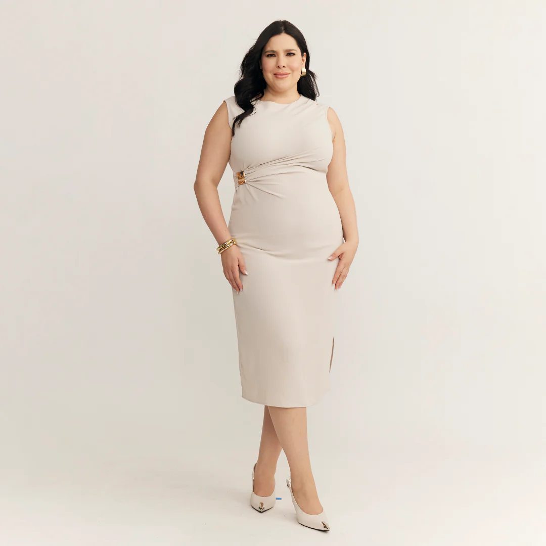 VESTIDO MIDI DRAPEADO BEIGE 99544 - Image 3