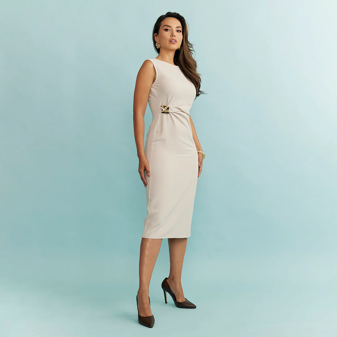 VESTIDO MIDI DRAPEADO BEIGE 99544 - Image 4