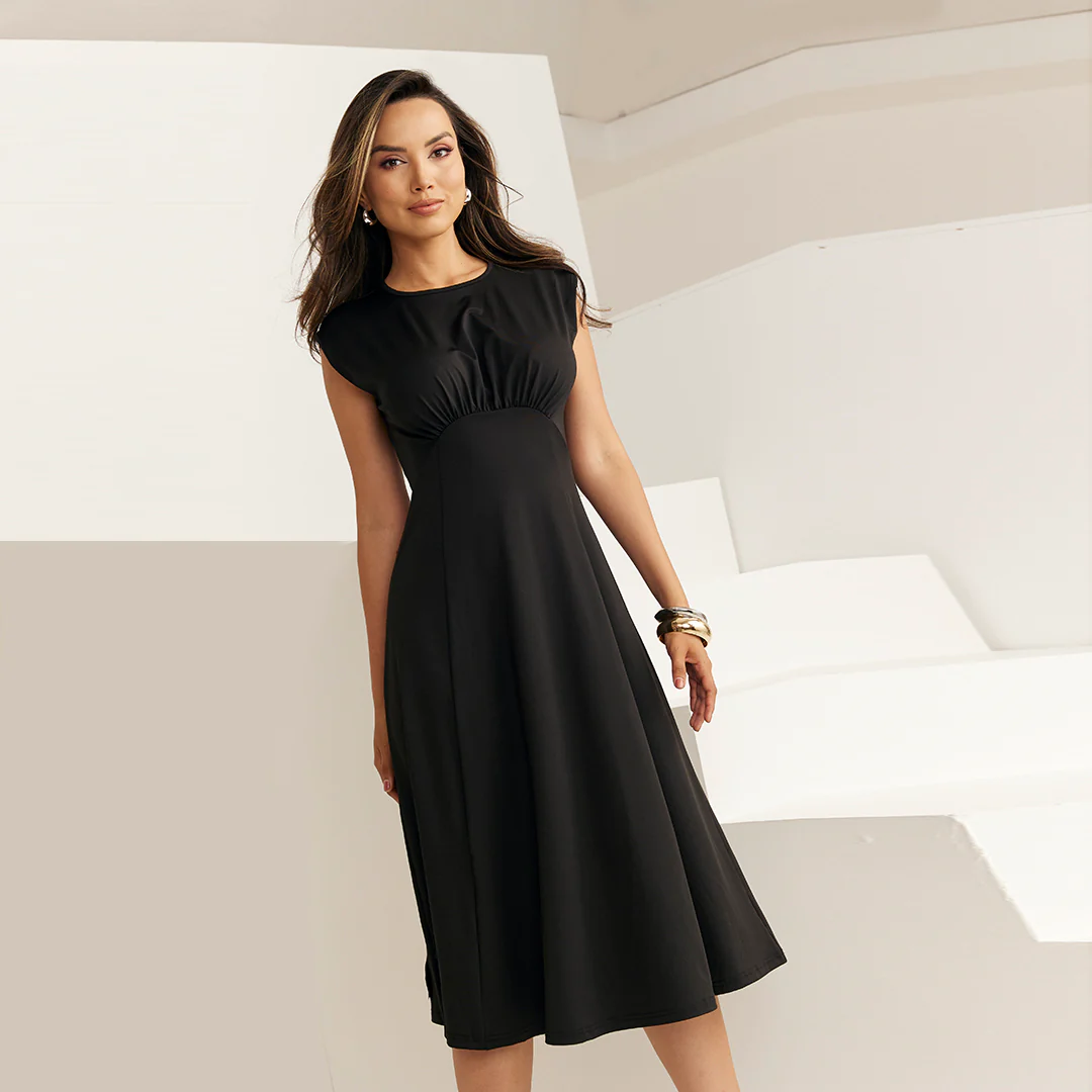 VESTIDO MIDI NEGRO CON FRUNCIDO EN CINTURA 93074 - Image 4