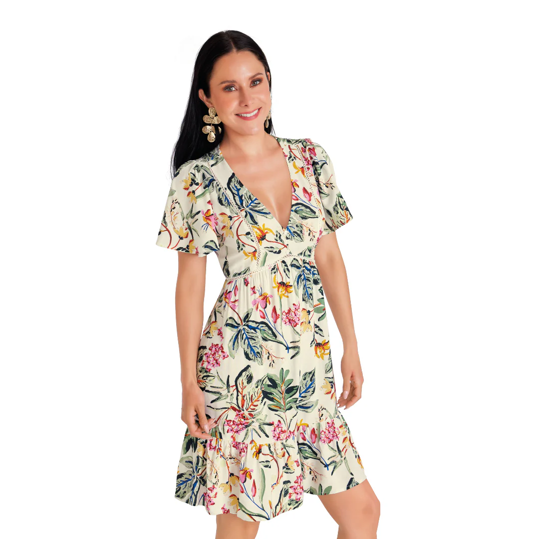 VESTIDO MULTICOLOR CON ESTAMPADO Y TIRA BORDADA MUJER 99922