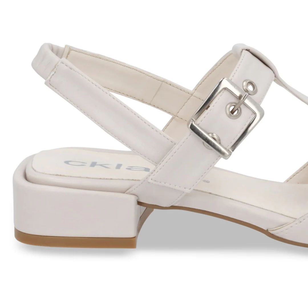 ZAPATILLA DE TACÓN HUESO CON TIRA EN "T" Y HEBILLA 95889 - Image 6